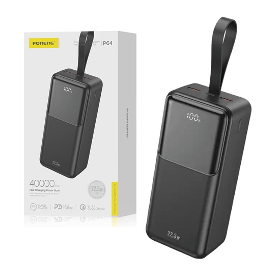 Power Bank Foneng P64 com 3 Outputs 40000mAh 22,5W Preto